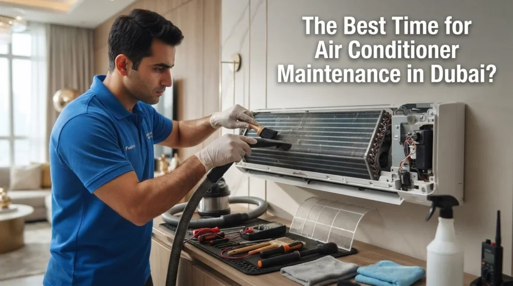 A graphic showing a timeline for air conditioner maintenance in Dubai, with tips for optimal performance during hot months.