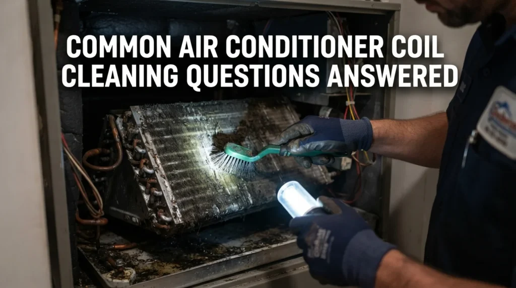 A technician demonstrates air conditioner coil cleaning, surrounded by questions and answers about the process.
