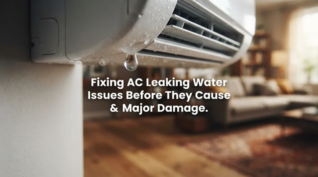 A technician inspecting an AC unit for AC leaking water issues, with diagnostic tools and water puddles visible on the floor.