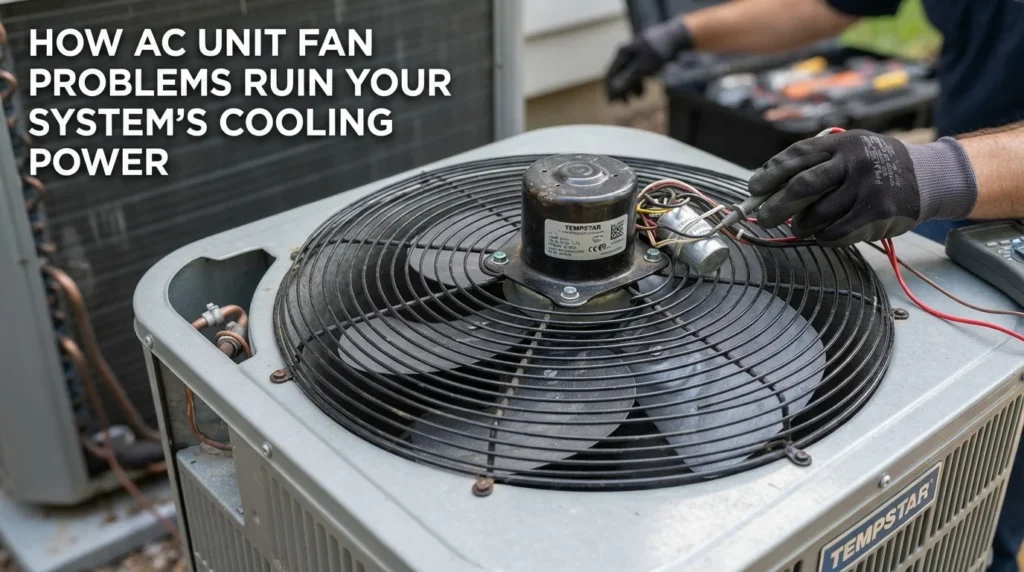 An AC unit fan with visible damage, illustrating how fan issues can reduce cooling performance.