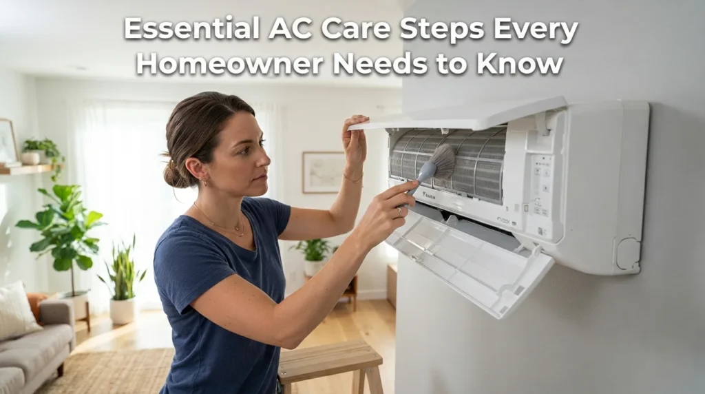 A checklist of essential AC care steps for homeowners, including maintenance tips and troubleshooting advice.