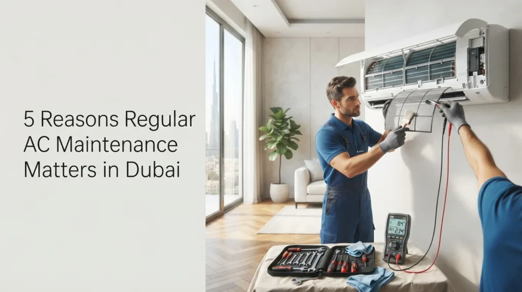 Five key reasons for AC maintenance in Dubai: better efficiency, lower costs, improved air quality, longer lifespan, and comfort.