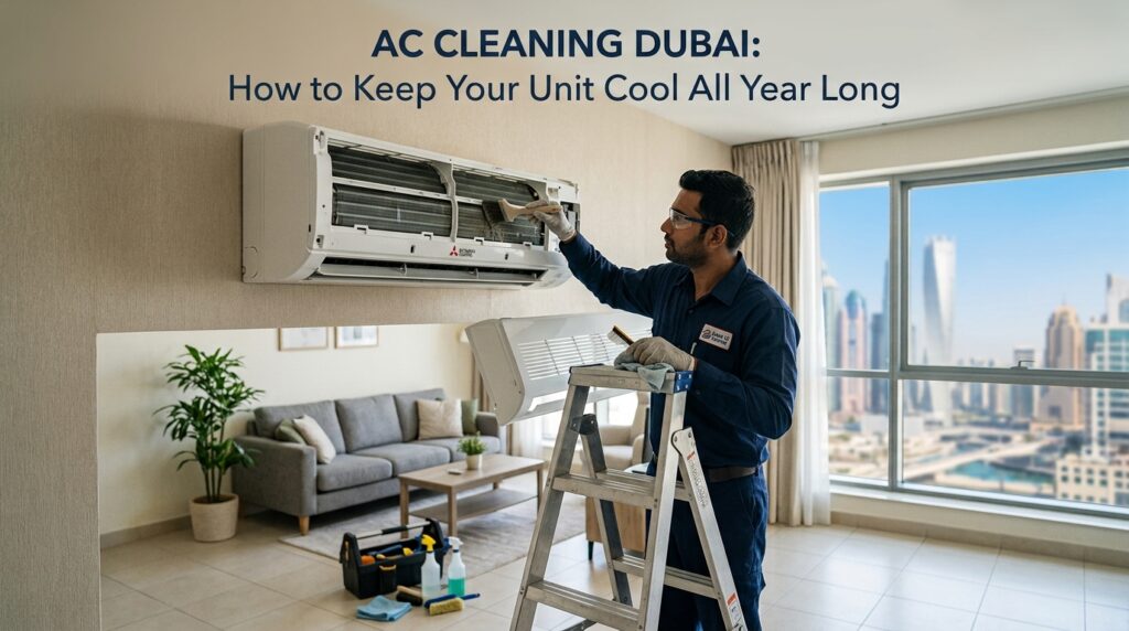 AC Cleaning Dubai: How to Keep Your Unit Cool All Year Long ac-cleaning-dubai-technician-servicing-split-unit