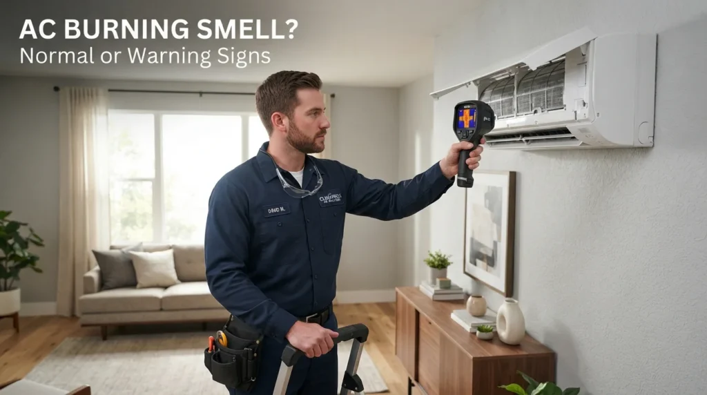 Close-up of an AC burning smell with smoke indicating potential unit malfunction.