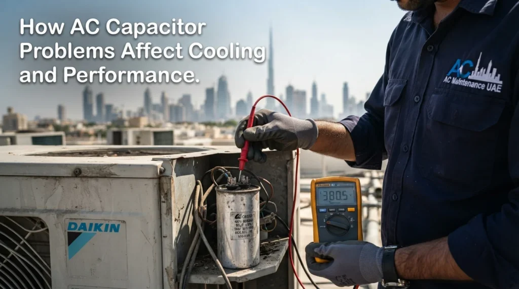 Visual representation of AC capacitor problems affecting air conditioning cooling and operational effectiveness.