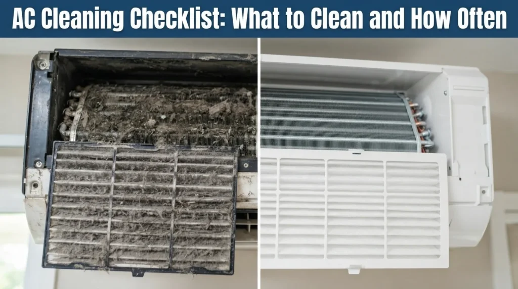 A professional technician is following an AC cleaning checklist while working on an indoor AC unit.