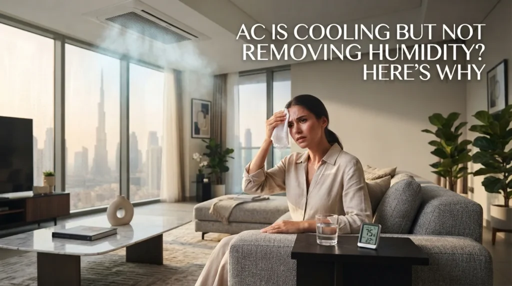 Illustration of an AC unit with labels explaining why your AC is cooling but not removing humidity effectively.