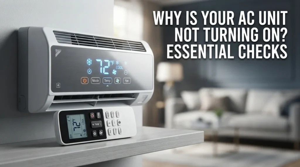 Why Is Your AC Unit Not Turning On? Essential Checks Technician inspecting split AC unit not turning on in Dubai home.