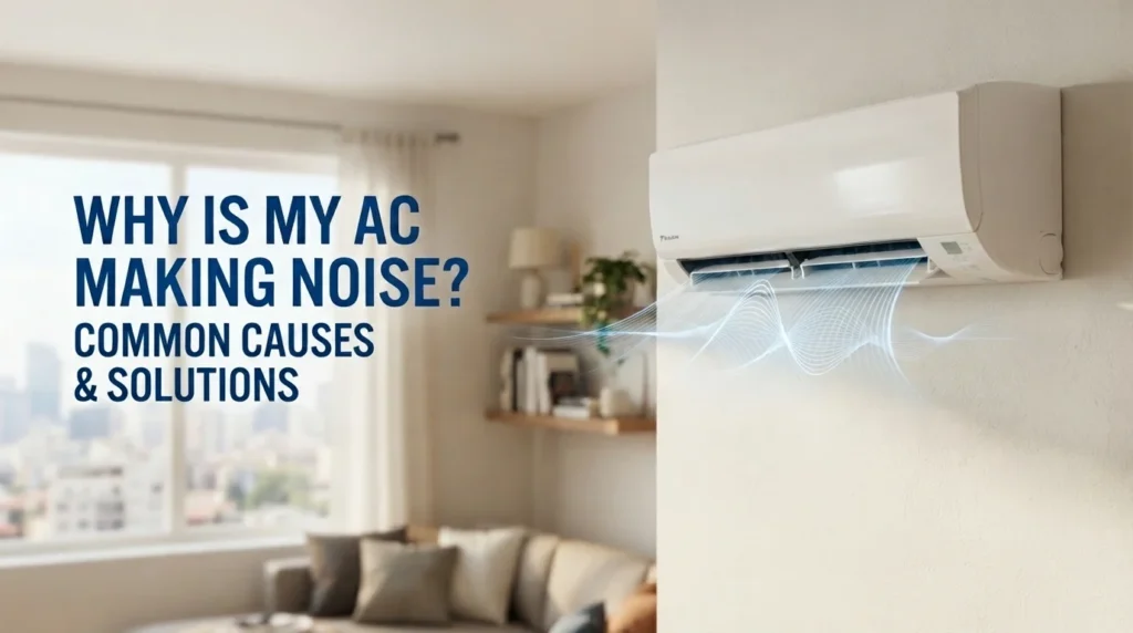 A split AC unit showing sound wave lines to diagnose why is my ac making noise along with causes and solutions.