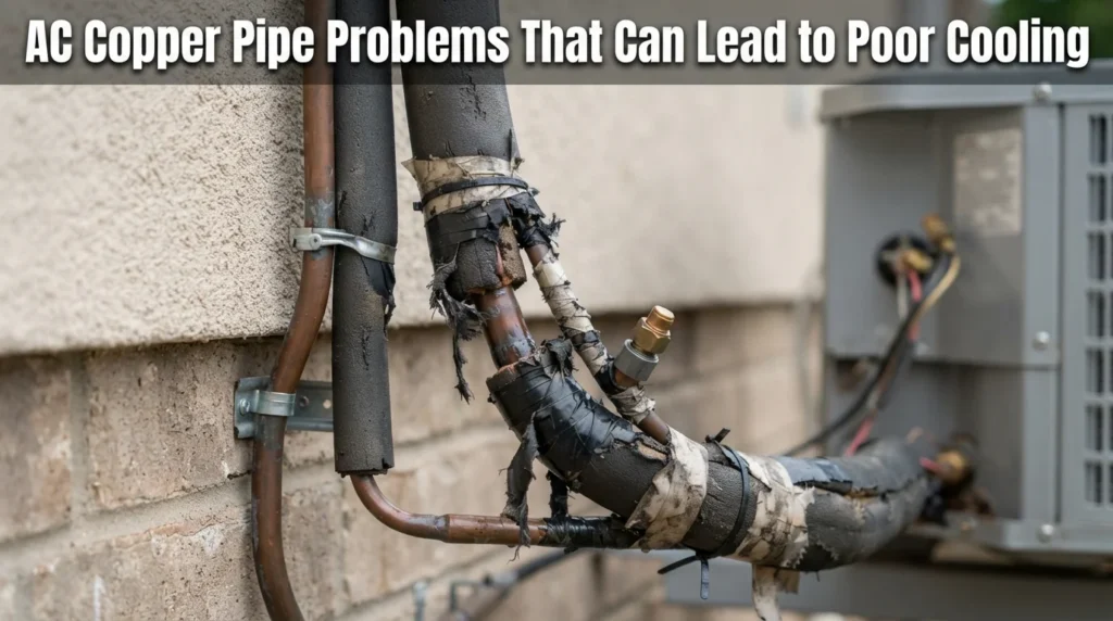 Close-up of a damaged AC copper pipe showing corrosion and leaks affecting cooling efficiency.