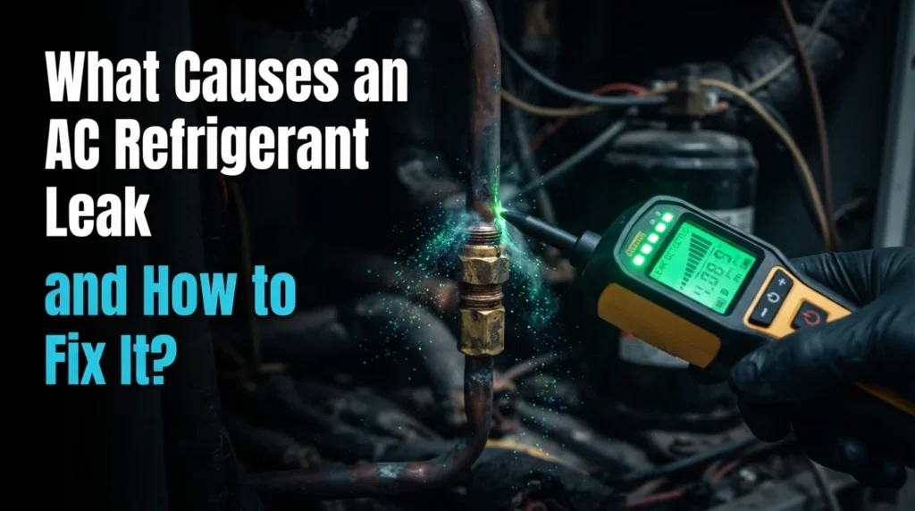 Infographic detailing AC refrigerant leak causes and effective repair techniques.