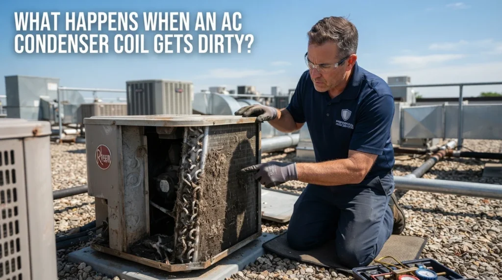 A dirty AC condenser coil showing dust and debris accumulation, affecting its efficiency and cooling performance.