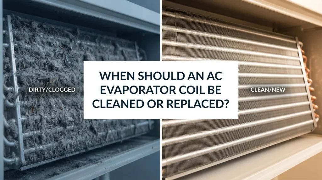 AC evaporator coil showing dirt buildup, indicating when to clean or replace for optimal cooling efficiency.